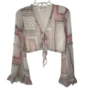 Style Rack Patchwork Tie Front Crop Top Womens Small Bell Sleeve Boho Festival